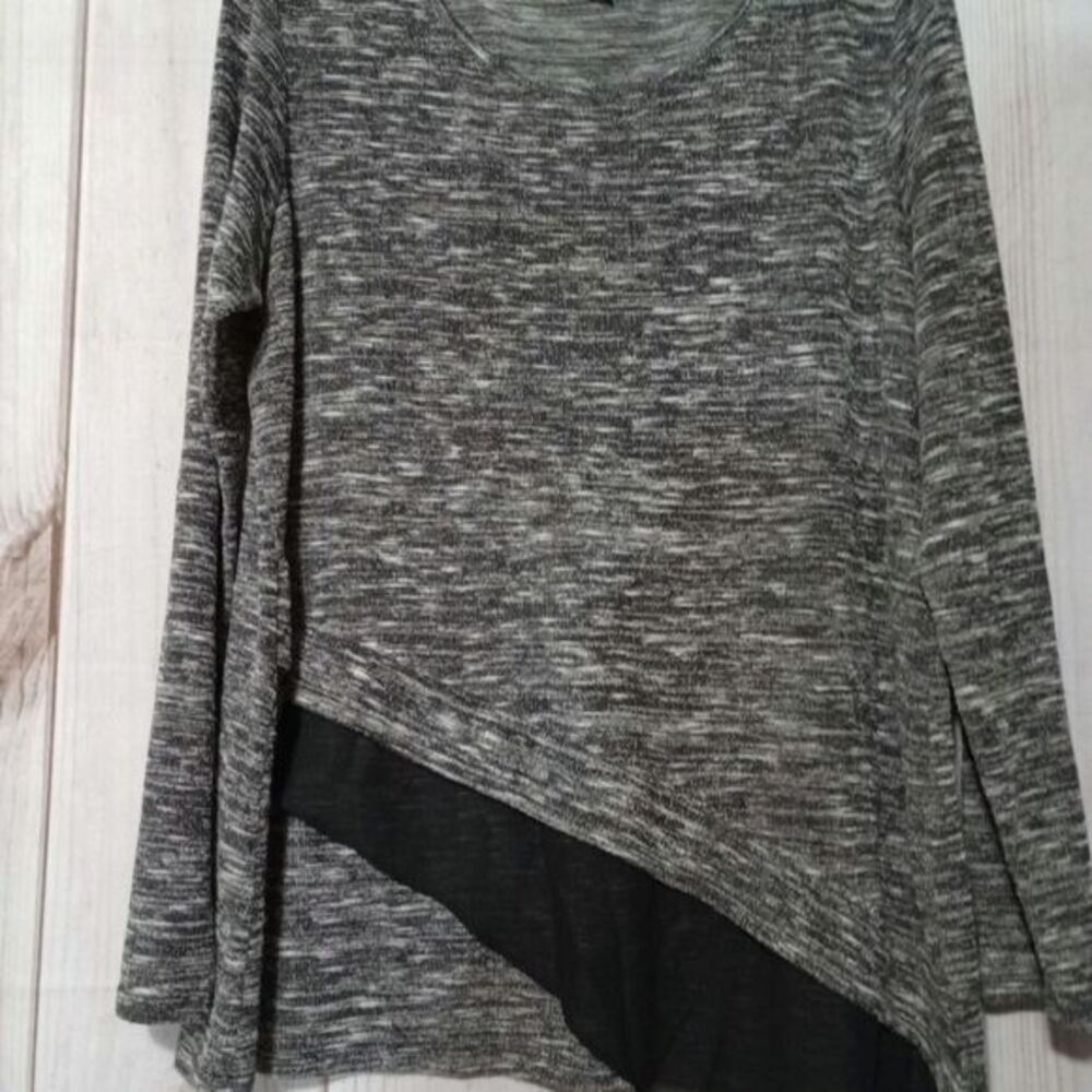 AB Studio Womens XL Space Dye Knit Top Gray Long Sleeve Asymmetrical Layered Hem